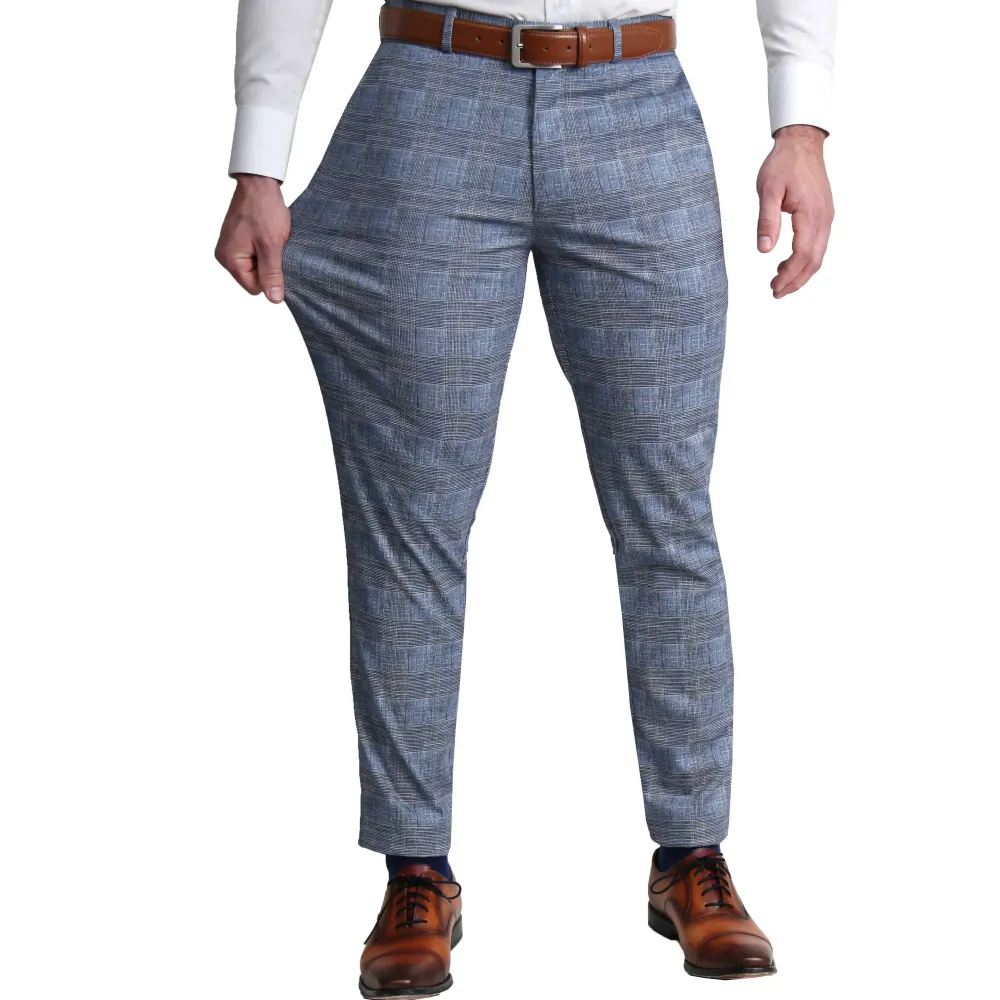 State and Liberty Athletic Fit Stretch Suit Pants - Knit Light Blue, Navy and White Plaid| Suit Pants|Dress Pants