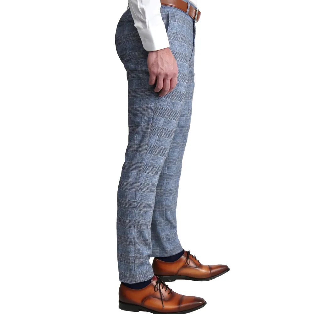 State and Liberty Athletic Fit Stretch Suit Pants - Knit Light Blue, Navy and White Plaid| Suit Pants|Dress Pants