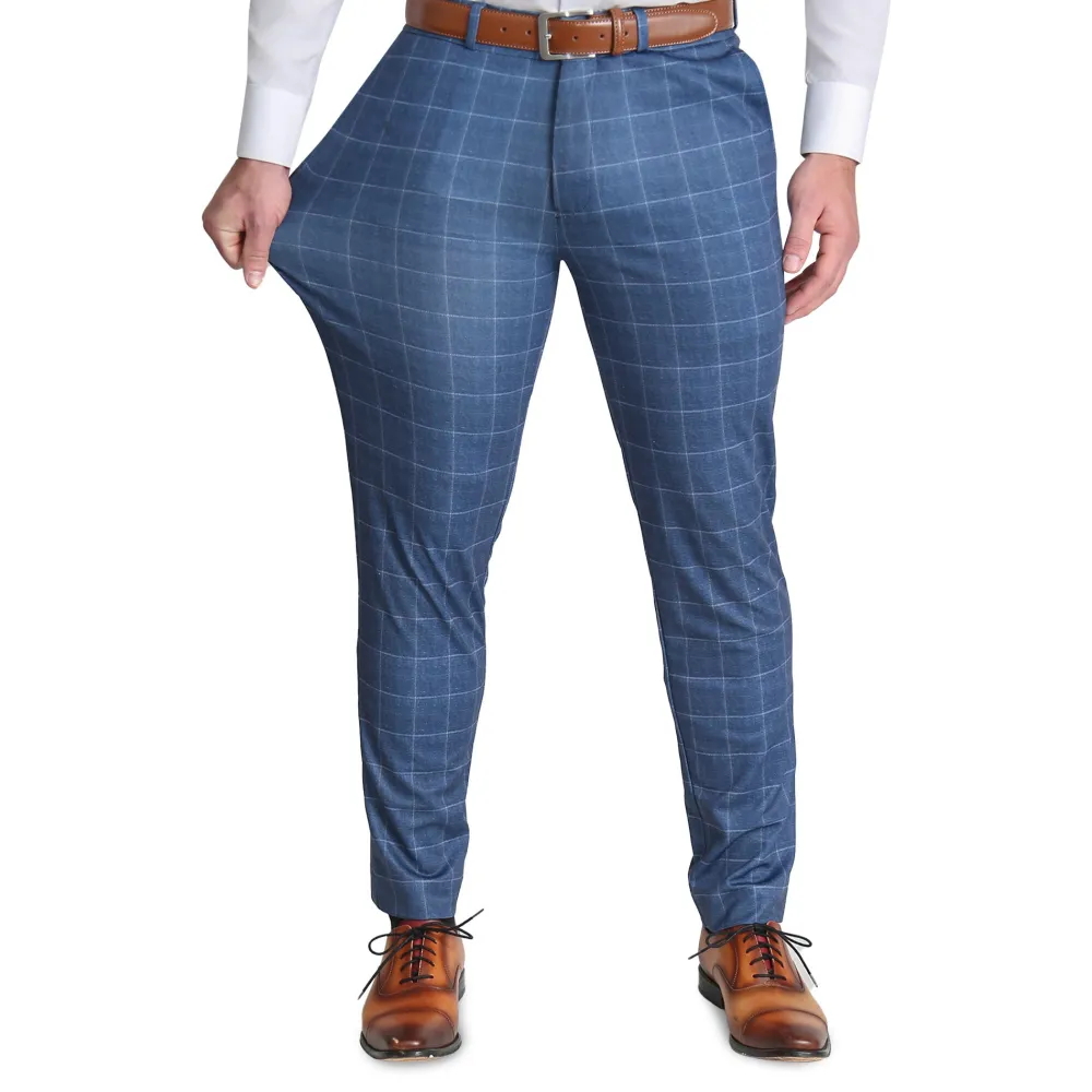 State and Liberty Brushed Tech Suit Pant - Heathered Blue With White Windowpane| Tech Chinos|Suit Pants