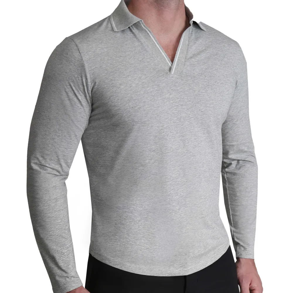 State and Liberty Tipped Long Sleeve Polo - Grey with White| Casual Long Sleeves|Polos