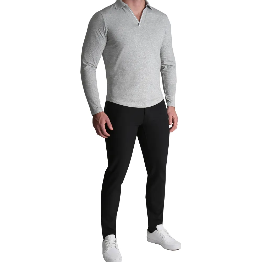 State and Liberty Tipped Long Sleeve Polo - Grey with White| Casual Long Sleeves|Polos