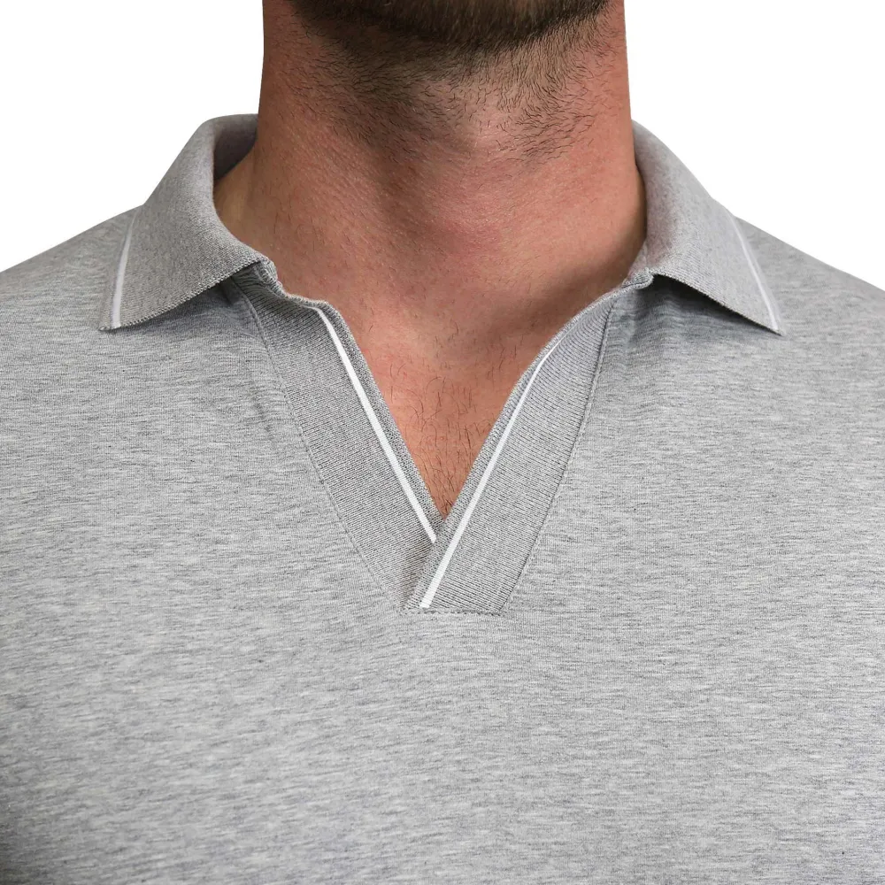 State and Liberty Tipped Long Sleeve Polo - Grey with White| Casual Long Sleeves|Polos